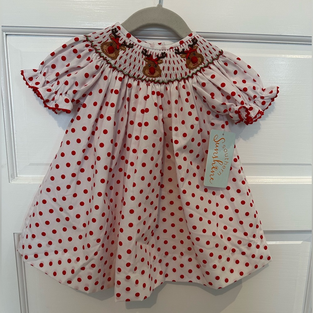 NWT Red Polka Dot Reindeer Smocked Dress